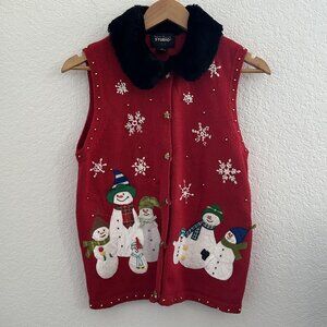 Designers Originals Studio Joy Novelty Vest Womens Petite M Snowman Christmas